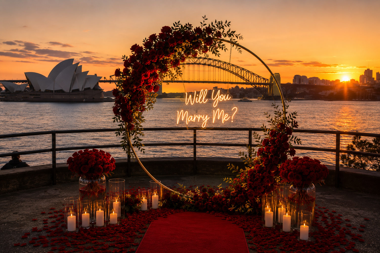 Romantic proposal decoration setup overlooking Sydney Harbour