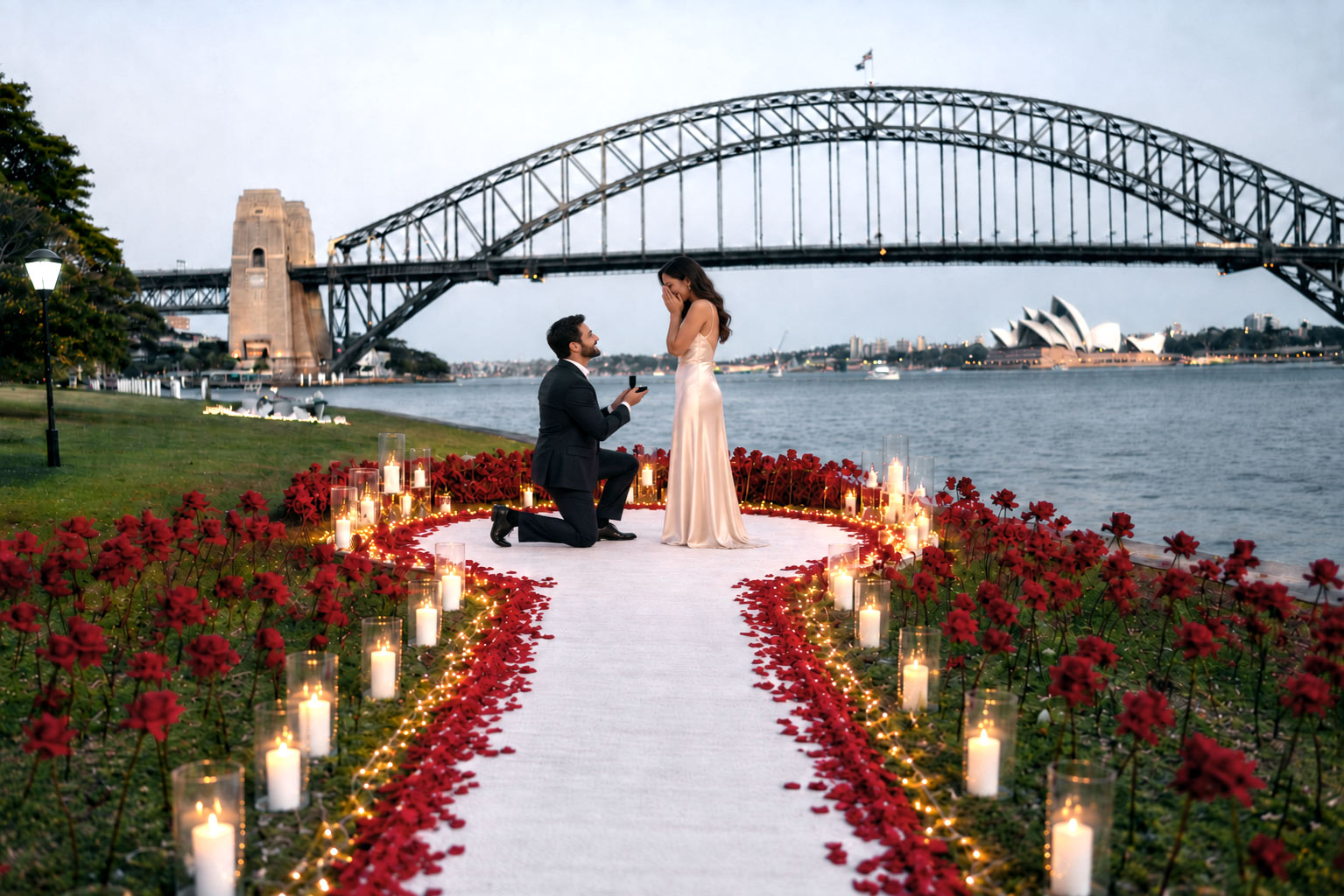 Harbour rose aisle proposal decoration with candles and red roses in Sydney