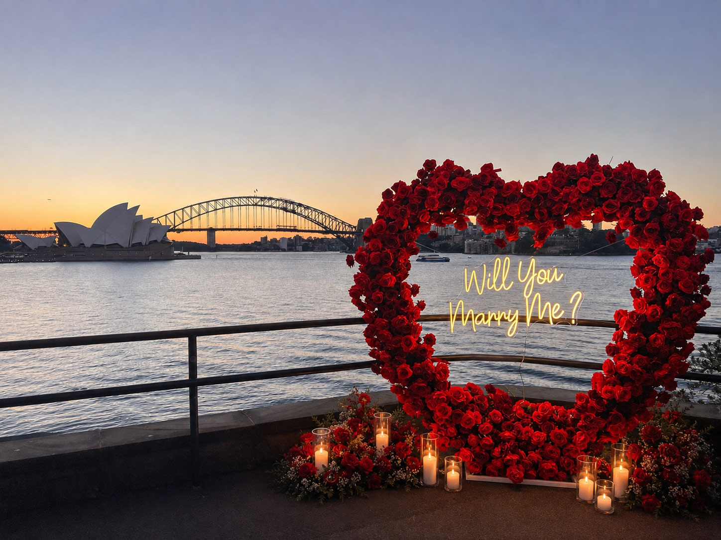 Rose heart proposal decoration overlooking Sydney Harbour